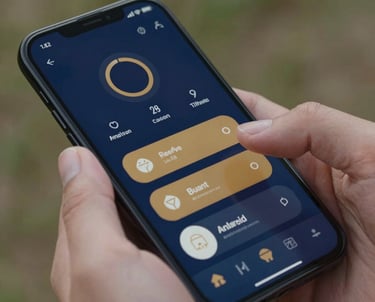 Close-up photography of a user's hands navigating a sleek Android app. The interface uses a deep navy blue background with amber gold accents. North American / US outdoor lighting.