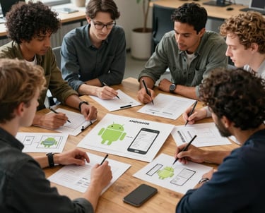 A diverse group of designers collaborating around a wooden table in a North American / US creative studio. They are looking at Android app sketches. The atmosphere is sophisticated and approachable.