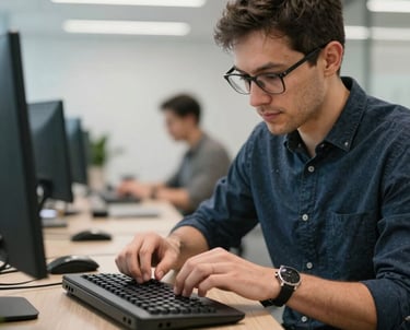 Candid photo of a tech lead working on an Android development kit in a modern North American / US office. The focus is on precision and professional expertise.