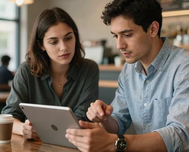 A lifestyle shot of two professionals in a North American / US coffee shop discussing a mobile app on an Android tablet. The mood is sophisticated yet approachable.