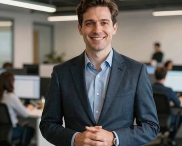 Professional portrait of a design strategist in a North American / US tech office. The lighting is sophisticated and the atmosphere is welcoming and innovative.