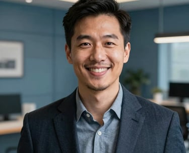 A portrait of a tech professional in a North American / US setting, smiling warmly. The background is a modern, sophisticated studio space with slate blue walls and soft lighting.