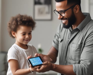 A parent and child sitting together looking at a tablet with calm expressions.