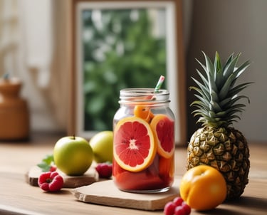 A vibrant glass of freshly made natural juice surrounded by fresh fruits and colorful ingredients on a wooden table.