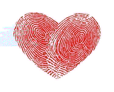 Heart made of fingerprint lines symbolizing relationship patterns, emotional connection, and self-aw