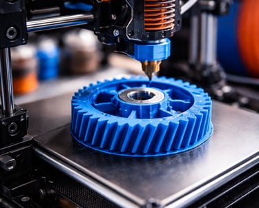 Close-up of a 3D printer nozzle extruding blue plastic filament to create a precision industrial gear.