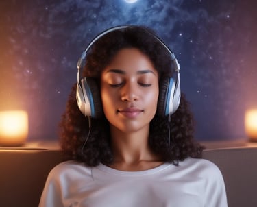 Close-up of a calm executive meditating outdoors surrounded by lush greenery.