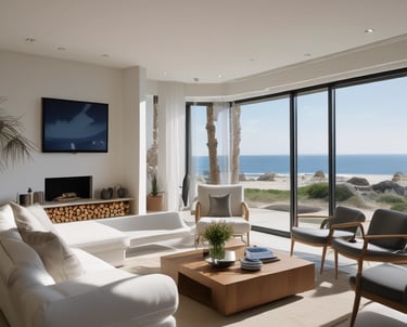 Modern apartment building along the sunny Costa del Sol coastline with clear blue sky.