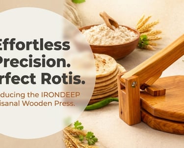 Irondeep artisanal wooden roti press with a stack of fresh tortillas and flour.