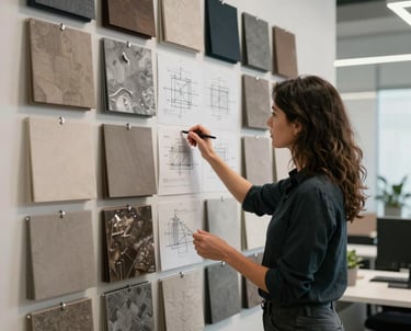 A photograph of a woman in a North American design office, standing in front of a wall covered in fabric samples, metal finishes, and structural sketches.