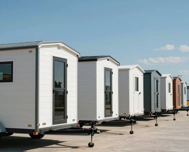 A photography of a group of modern, minimalist tiny homes on trailers, lined up in a neat row at a US fabrication facility under a bright blue sky.