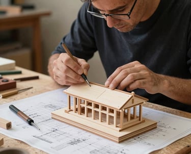 A photograph of a master craftsman in a North American workshop, focused on assembling a complex wooden architectural model with precision tools and blueprints nearby.