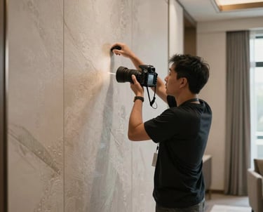 A candid shot of a professional photographer in a US luxury residence, adjusting lighting to capture the texture of a custom-designed interior wall.