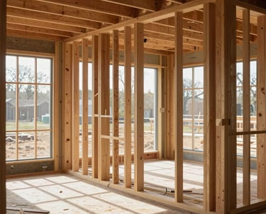 A detailed photograph of a North American construction site showing high-end interior framing for a custom residence, with soft natural light streaming through large window openings.