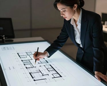 A photo of a professional woman in North American business attire looking over a large digital architectural drafting table showing structural blueprints.