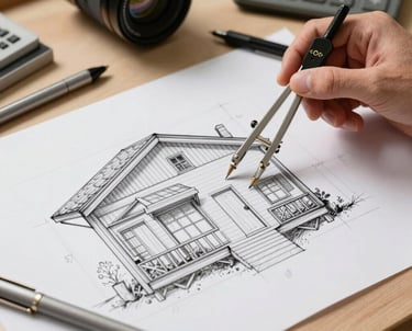 A close-up of a hand-sketched architectural drawing of a tiny home layout on a drafting table, with high-quality pens and a compass in a North American studio.