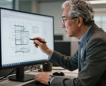 A photo of a senior project manager in a US office environment, reviewing technical drawings on a large monitor with a focused, expert expression.