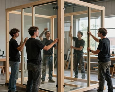 A photograph of a fabrication team in the North American region working together to install large glass panels into a custom tiny home frame.