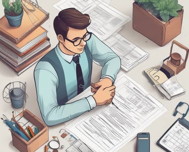 Modern minimalist office workspace with blue tones and business documents.