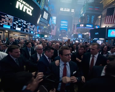 Crowded stock exchange floor with busy traders under digital displays and American flags.