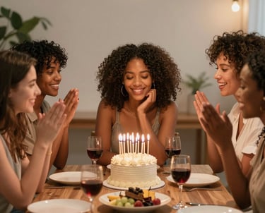 A warm, inviting illustration of women happily gathering around a table for a celebration.