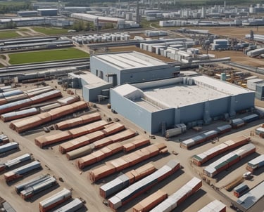 A large industrial truck loaded with heavy machinery on a factory site.