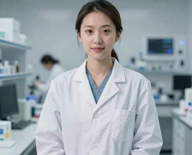 Professional portrait of a female quality control specialist in a clean, high-tech lab setting. Soft professional lighting, sophisticated and clinical atmosphere incorporating #EBF3EE.