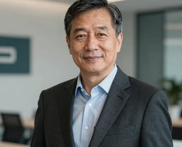 Professional portrait of a senior male executive (CEO) in a sophisticated dark suit. Natural, confident expression against a minimalist corporate background with #0E2A2E accents.