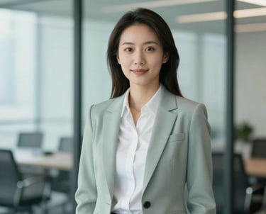 Professional portrait of a female sales director in a modern office with glass walls. She wears professional attire. Background has soft #8BA89D tones. High-end corporate photography style.