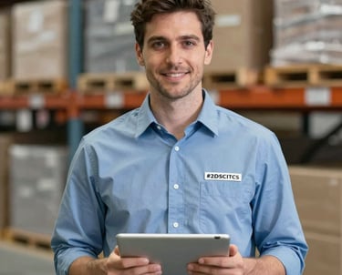 Professional portrait of a male logistics expert holding a tablet. Sharp focus, professional lighting, with a blurred warehouse environment in the background using #2D5C5A tones.