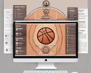 A basketball coach drawing up plays on a clipboard with a court in the background.