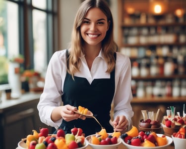 A vibrant mobile bar setup with assorted appetizers and a chocolate fountain surrounded by fresh seasonal fruits.