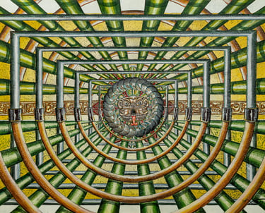 Surreal digital art featuring a central Mayan stone head inside a geometric tunnel of green and gold pipes.
