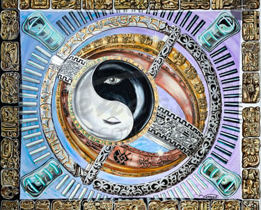 Mayan-inspired artwork, featuring a black and white Yin-Yang symbol and the face of a woman.