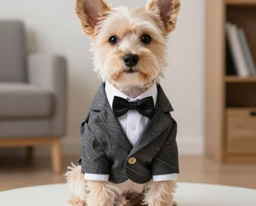 Un pequeño cachorro de Yorkshire Terrier, vestido con una chaqueta de traje gris formal