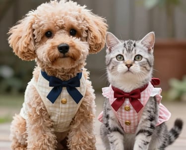 Adorable caniche toy marrón y gatito atigrado con elegantes prendas para mascotas y pajaritas al air