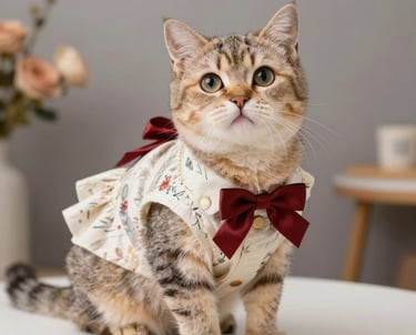 Un adorable gatito atigrado con un vestido estampado floral y una pajarita roja para lucir un estilo