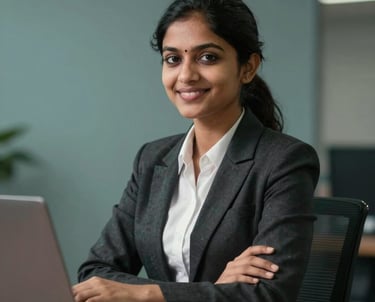 Portrait of a female student success lead in a professional South Asian / Indian office, smiling, dressed in smart business attire with Muted Teal background elements.