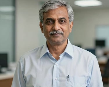Professional headshot of a male senior medical advisor in a South Asian / Indian clinical office, wearing a professional shirt, with soft bokeh lighting.