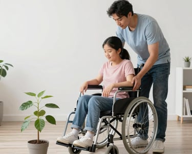 Smiling caregiver assisting a young adult with a garden project outdoors.