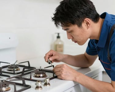 Technician repairing a modern kitchen chimney with tools in a bright kitchen.