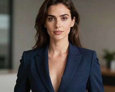 Professional portrait of a woman in a stylish dark blue business suit, representing event management. Elegant and professional, European / Português context.