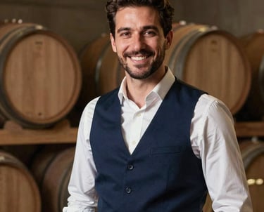 Professional portrait of a male sommelier in a dark blue vest, smiling warmly in a sophisticated cellar setting. European / Português style.