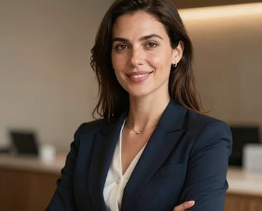 Professional portrait of a woman in smart casual attire, focusing on hospitality and logistics management. Warm and welcoming, European / Português style.