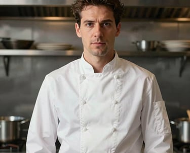 Professional portrait of a man in a crisp white chef's jacket, looking confident in a high-end kitchen. Professional culinary photography style.