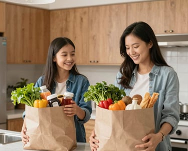 A cheerful family unpacking affordable groceries in a cozy kitchen.