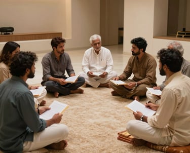 A small group of musicians sitting on a clean, beige rug in a modern minimal room, engaged in a deep cultural discussion with manuscripts, South Asian / Indian setting, warm gold lighting.
