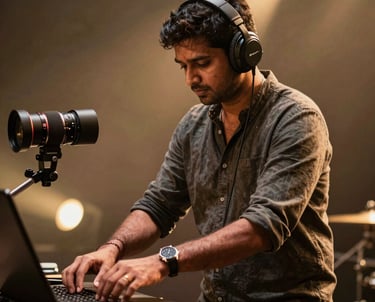A professional musician adjusting their setup on a dimly lit, high-end stage with soft gold spotlights, South Asian / Indian context, artistic and emotionally engaging photography.