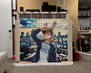 a painting of a child with a bunny ears and glasses