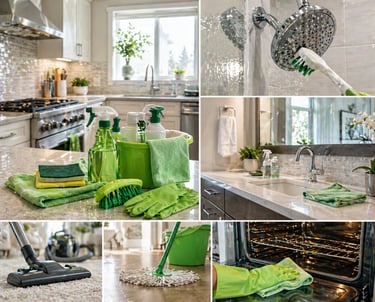 Professional house cleaning supplies and tools used for deep cleaning kitchen, bathroom, and floors.